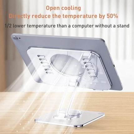 R-JUST Acrylic Rotating Stand for Tablets on Desktop showing clear acrylic rotating base with aluminum alloy support and silicone pads, angled for cooling and ergonomics