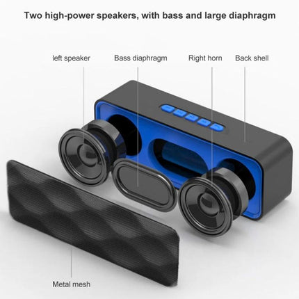 Compact Wireless Speaker For Walks And Picnics Portable showing exploded view of dual drivers, bass diaphragm, metal mesh grille