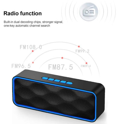 Compact Wireless Speaker For Walks And Picnics Portable showing FM radio function, Bluetooth, compact design for outdoor use