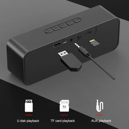 Compact Wireless Speaker For Walks And Picnics Portable black portable Bluetooth speaker showing USB TF AUX playback ports and controls
