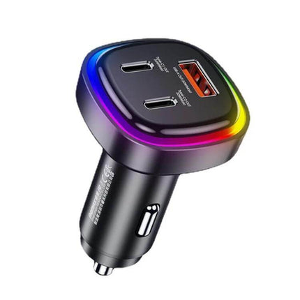 REMAX 3-In-1 Car Charger With LED Indicator For Three Devices black car charger with three ports and rainbow LED ring, 66W max output
