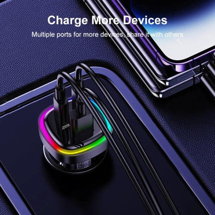 REMAX 3-In-1 Car Charger With LED Indicator For Three Devices showing three devices charging with LED ring and 66W max output in a car