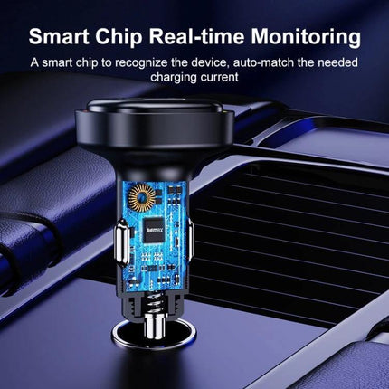 REMAX 3-In-1 Car Charger With LED Indicator For Three Devices showing internal smart chip and LED status display for real-time monitoring, 66W max output
