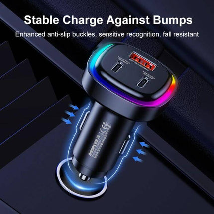 REMAX 3-In-1 Car Charger With LED Indicator For Three Devices showing 66W three-port compact car charger with LED ring and USB-A/USB-C ports