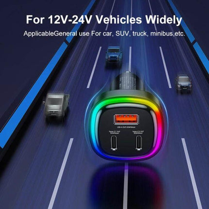 REMAX 3-In-1 Car Charger With LED Indicator For Three Devices showing LED ring, 66W 12–24V triple-port charger for phone tablet and accessories