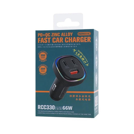 REMAX 3-In-1 Car Charger With LED Indicator For Three Devices - compact 66W fast car charger with LED status display and three ports