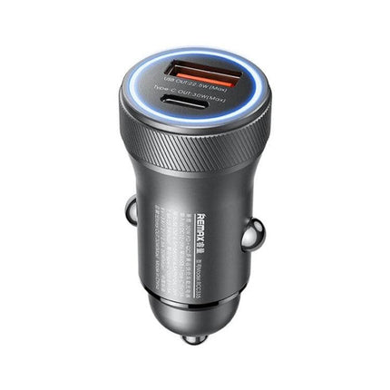 REMAX Seaya Series Dual-Port Car Charger For On-The-Go compact aluminum alloy car charger with USB-A and USB-C ports and blue LED ring