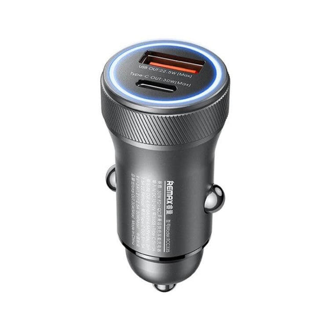 REMAX Seaya Series Dual-Port Car Charger For On-The-Go compact aluminum alloy car charger with USB-A and USB-C ports and blue LED ring