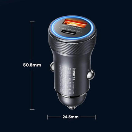 REMAX Seaya Series Dual-Port Car Charger For On-The-Go compact aluminum alloy dual-port car charger with LED ring and dimensions