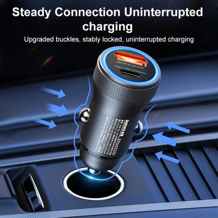 REMAX Seaya Series Dual-Port Car Charger For On-The-Go plugged into car socket, dual USB ports and aluminum alloy body for uninterrupted charging