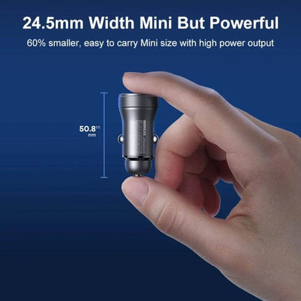 REMAX Seaya Series Dual-Port Car Charger For On-The-Go compact aluminum alloy mini car charger held between fingers, dual-port charging for phone and tablet