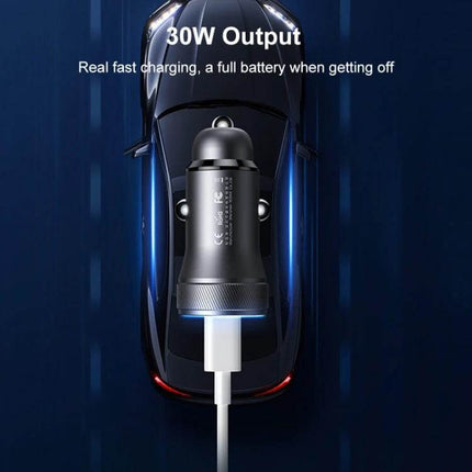 REMAX Seaya Series Dual-Port Car Charger For On-The-Go compact aluminum alloy car charger showing 30W output charging smartphone and tablet