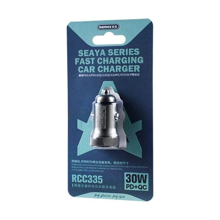 REMAX Seaya Series Dual-Port Car Charger For On-The-Go in retail packaging showing compact aluminum alloy 30W PD+QC car charger