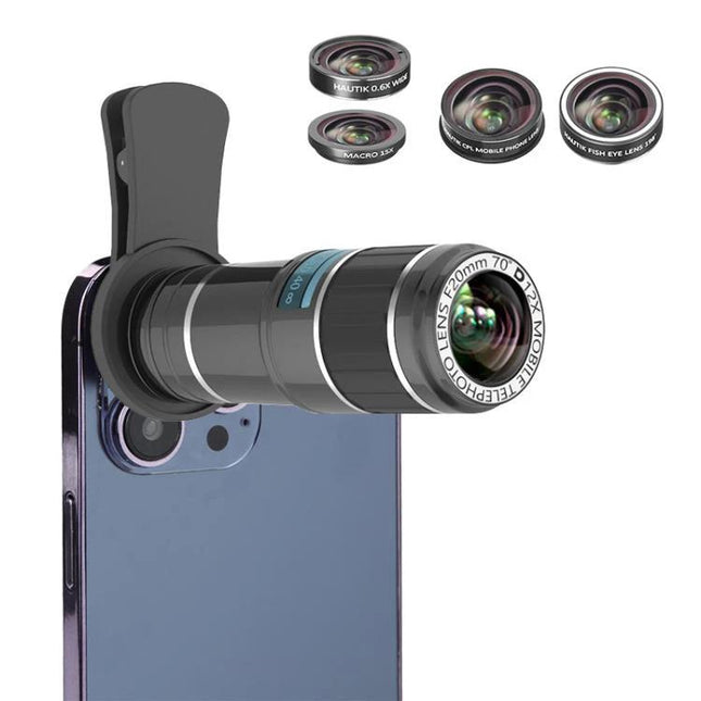 Hautik 5-in-1 Multi-Lens Kit for Everyday Smartphone Photography attached telephoto, wide, fisheye, macro lenses on a smartphone