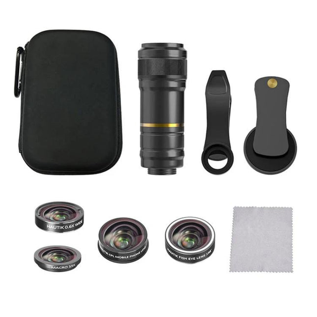 Hautik 5-in-1 Multi-Lens Kit for Everyday Smartphone Photography showing case, telephoto, clips, fisheye, wide-angle, macro lenses and cleaning cloth