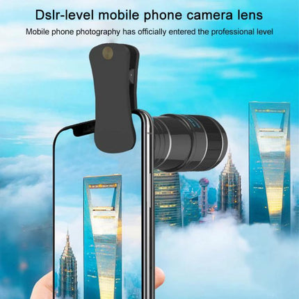 Hautik 5-in-1 Multi-Lens Kit for Everyday Smartphone Photography attached telephoto lens framed city skyline on smartphone
