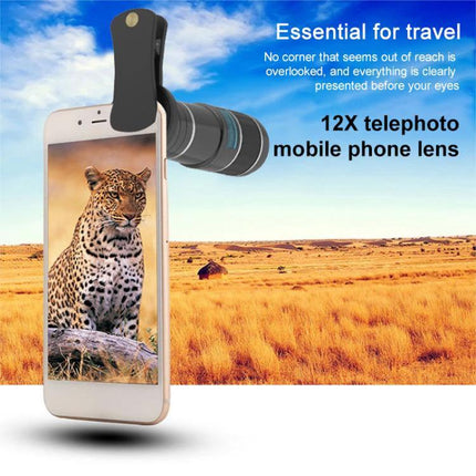 Hautik 5-in-1 Multi-Lens Kit for Everyday Smartphone Photography showing 12X telephoto lens clipped to phone capturing a distant leopard