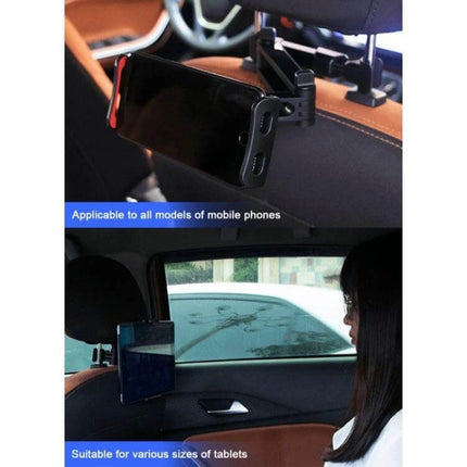 CHZ-06 Retractable Car Backrest Holder for 7 to 14 Inch Phones and Tablets Red shown mounted on headrest holding phone and tablet, 360° rotation, adjustable viewing distance