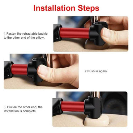 CHZ-06 Retractable Car Backrest Holder for 7 to 14 Inch Phones and Tablets Red showing installation steps fastening and buckling the red retractable rod