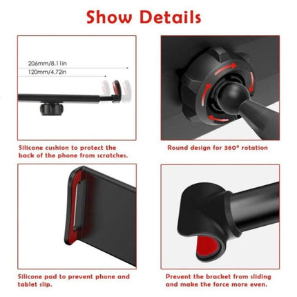 CHZ-06 Retractable Car Backrest Holder for 7 to 14 Inch Phones and Tablets Red showing silicone cushions, 360° rotation, and adjustable length
