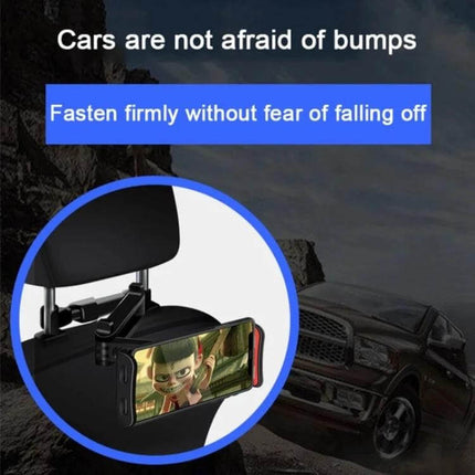 CHZ-06 Retractable Car Backrest Holder for 7 to 14 Inch Phones and Tablets Red hanging from headrest showing 360° rotation and secure grip during bumpy ride