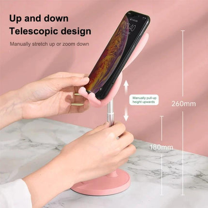 Foldable Adjustable Desktop Holder for Phones and Tablets in pink showing telescopic height adjustment with phone for hands-free viewing