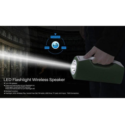 NewRixing Travel Bluetooth Speaker With Built In Flashlight showing LED flashlight beam and compact green portable speaker