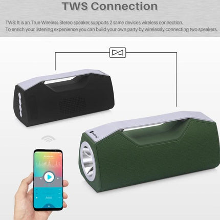 NewRixing Travel Bluetooth Speaker With Built In Flashlight paired via TWS showing two speakers and phone music control, compact travel light