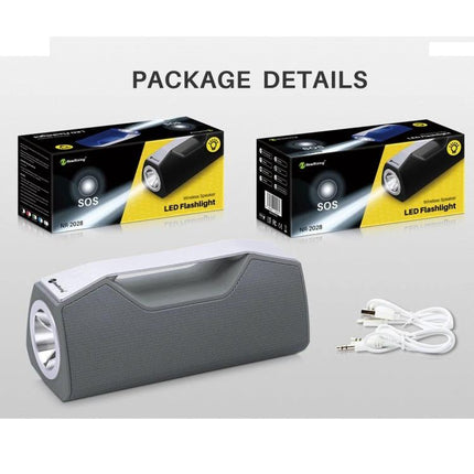NewRixing Travel Bluetooth Speaker With Built In Flashlight shown with packaging, flashlight end and included charging and aux cables