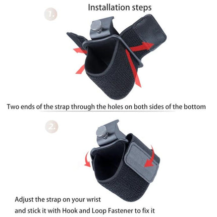 Elastic Wristband for Hands-Free Smartphone Use, 24cm Length - black adjustable strap showing installation steps with hook and loop fastener