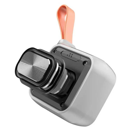 XDOBO Compact Bluetooth Speaker With Silicone Lanyard shown compact gray speaker with orange lanyard, IPX7 weather-resistant travel use