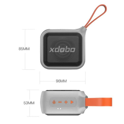 Alt Tag: XDOBO Compact Bluetooth Speaker With Silicone Lanyard shown top and side views with orange lanyard and dimensions
