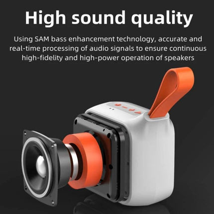 XDOBO Compact Bluetooth Speaker With Silicone Lanyard showing exploded driver, orange lanyard, IPX7 weather-resistant design