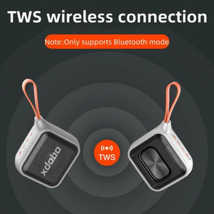 XDOBO Compact Bluetooth Speaker With Silicone Lanyard shown TWS wireless pairing, IPX7 weather-resistant portable design, orange lanyard