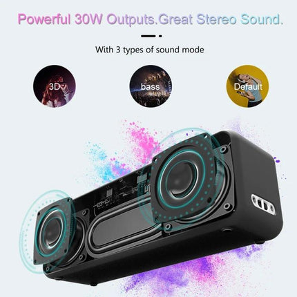 XDOBO Portable Bluetooth Speaker For Outdoor And Home Use showing dual 30W drivers, water-resistant portable stereo
