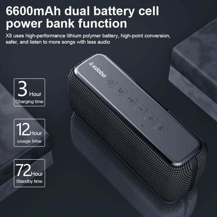 XDOBO Portable Bluetooth Speaker For Outdoor And Home Use showing 6600mAh battery, 12hr playtime, 3hr charge, 72hr standby