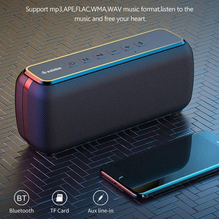 XDOBO Portable Bluetooth Speaker For Outdoor And Home Use shown with phone, TF card support, Bluetooth 5.0 and aux connectivity
