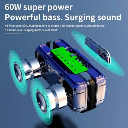 XDOBO Portable Bluetooth Speaker For Outdoor And Home Use showing internal dual 60W speaker drivers and PCB components