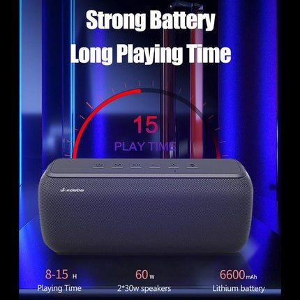 XDOBO Portable Bluetooth Speaker For Outdoor And Home Use showing compact waterproof speaker with 15h playtime and 6600mAh battery