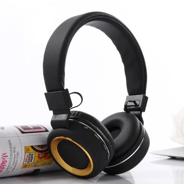 Jieli Wireless Bluetooth Headset For Commuting And Calls black over-ear headset with gold trim for music, calls, FM and TF playback