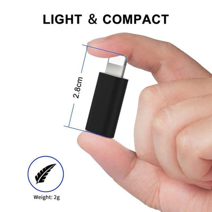 ENKAY Adapter for Daily iPhone Charging Connections compact black adapter shown between fingers, 2.8cm lightweight 2g for travel and commuting