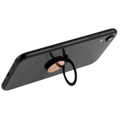 Magnetic Phone Stand Ring Holder for Hands-Free Use - metal ring stand attached to black smartphone for video viewing and stability