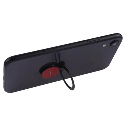 Magnetic Phone Stand Ring Holder for Hands-Free Use on black smartphone showing red metal ring propping phone at landscape angle