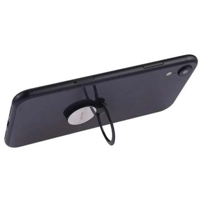 Magnetic Phone Stand Ring Holder for Hands-Free Use on black smartphone showing ring propped for video calls and hands-free viewing