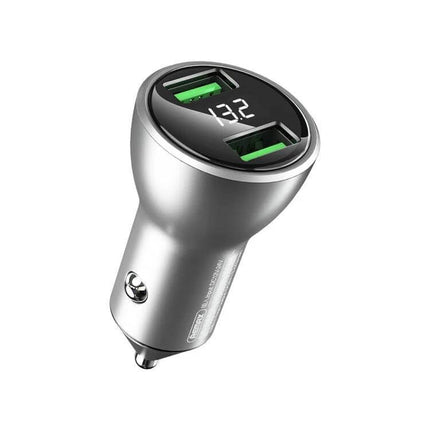 Remax Car Charger With Dual USB For Everyday Driving - compact silver dual-USB car charger with digital voltage display