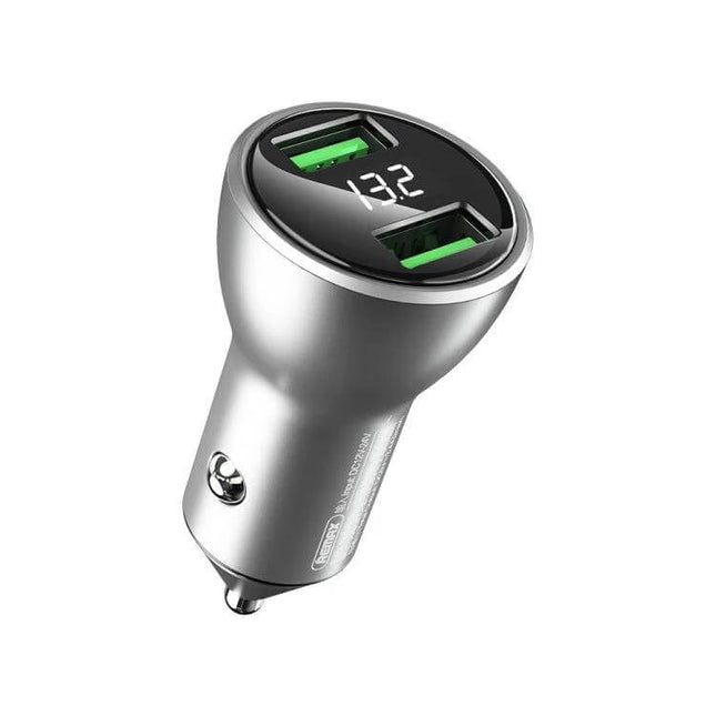 Remax Car Charger With Dual USB For Everyday Driving - compact silver dual-USB car charger with digital voltage display