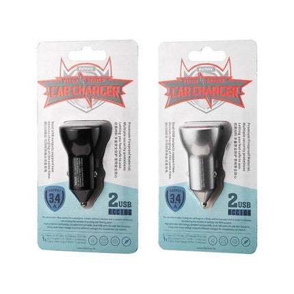 Remax Car Charger With Dual USB For Everyday Driving - compact dual USB car chargers in black and silver packaged for commuting and road trips