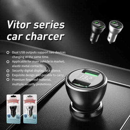 Remax Car Charger With Dual USB For Everyday Driving — compact dual-USB car charger with digital display, safety protections, charges phone and tablet simultaneously