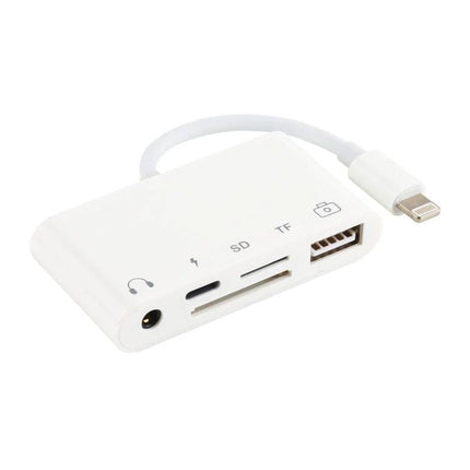 A Handy Adapter for Everyday Device Charging and Audio — white lightning 8‑pin to 3.5mm and USB card reader adapter for iOS devices