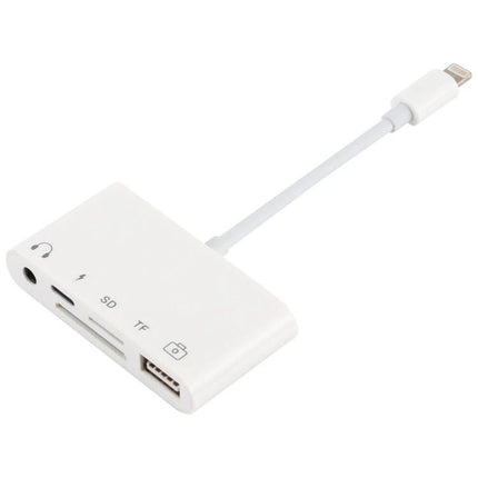 A Handy Adapter for Everyday Device Charging and Audio white 8-pin to 3.5mm splitter for simultaneous charging and high-fidelity audio